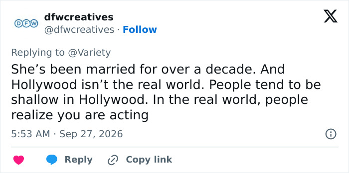 A Tweet criticizing Hollywood's double standards on acting, referencing a Hollywood Actress. A Tweet criticizing Hollywood's double standards on acting, referencing a Hollywood Actress.