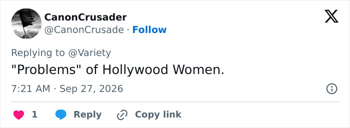 A social media post mentioning problems of Hollywood women in relation to a Hollywood actress. A social media post mentioning problems of Hollywood women in relation to a Hollywood actress.