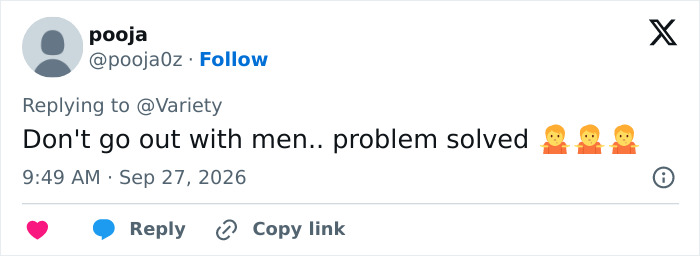 A social media comment suggesting solutions regarding the dating life of a Hollywood actress. A social media comment suggesting solutions regarding the dating life of a Hollywood actress.