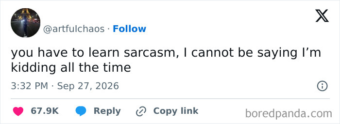 Funny tweets about learning sarcasm on the X feed