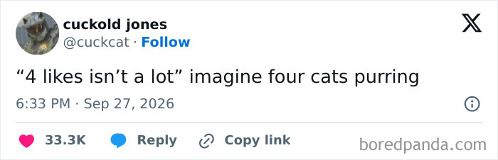 Funny tweets about comparing four social media likes to four purring cats