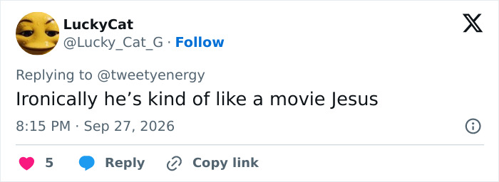 Tweet comparing Tom Cruise to a movie Jesus character. Tweet comparing Tom Cruise to a movie Jesus character.