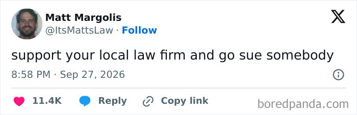 Funny tweets jokingly advising to support a local law firm and sue somebody