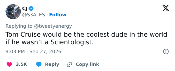 Social media post discussing Tom Cruise and his association with Scientology Social media post discussing Tom Cruise and his association with Scientology