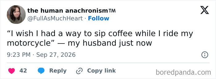 Funny tweets showing a post about a husband wanting to sip coffee while riding a motorcycle
