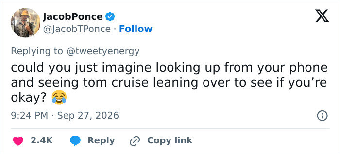 A tweet joking about Tom Cruise checking in to see if you are okay A tweet joking about Tom Cruise checking in to see if you are okay