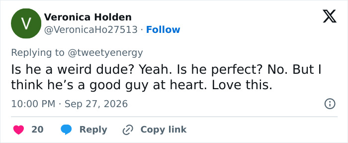 Tweet commenting on Tom Cruise being a good guy at heart despite being weird. Tweet commenting on Tom Cruise being a good guy at heart despite being weird.