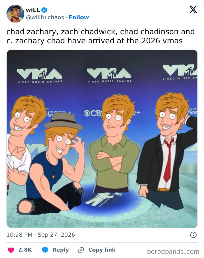 Cartoon characters at the VMAs 2026, representing memes of the night.