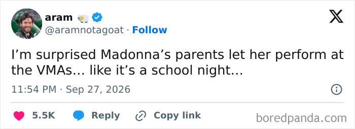 Tweet joke about Madonna at the VMAs 2026, becoming one of the memes of the night.