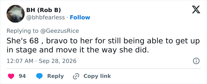 Fan tweet praising Madonna's stage performance at 68 Fan tweet praising Madonna's stage performance at 68