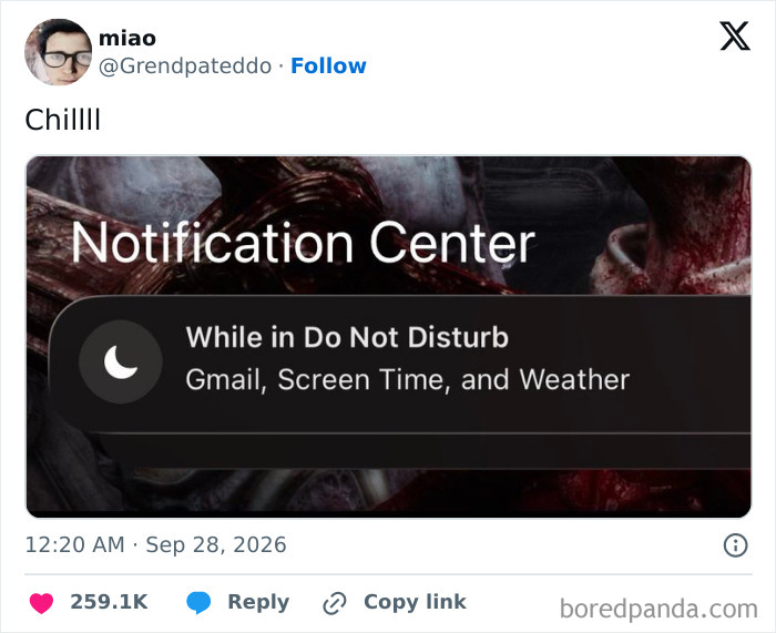 Hilarious tweets on the X feed showing a do not disturb phone notification.