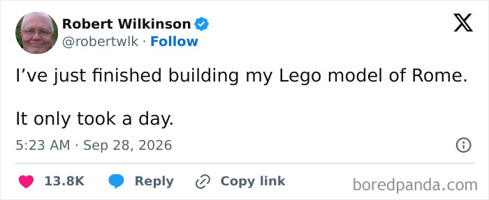 Funny tweets featuring a joke about building Lego Rome in a day