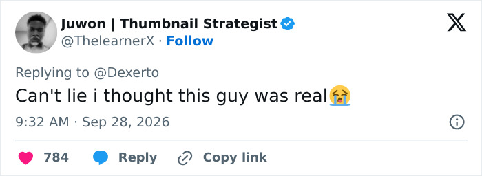 A Tweet by Juwon about the mysterious influencer where they thought the creator was real