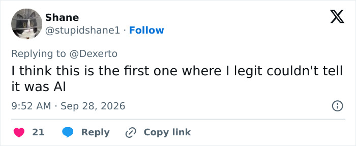 A Tweet by Shane commenting on the mysterious influencer and how they could not tell it was AI