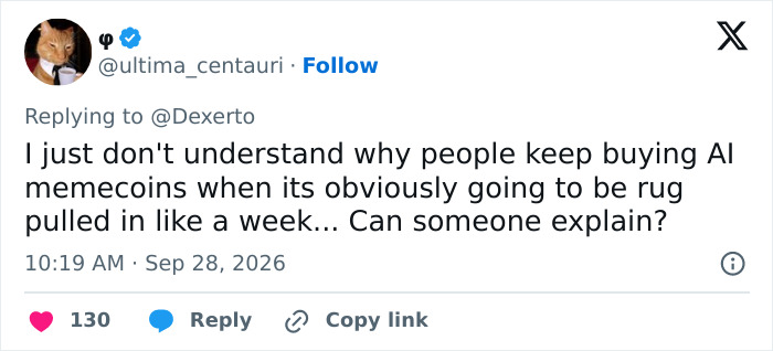 A social media post questioning why people buy AI memecoins related to a mysterious influencer