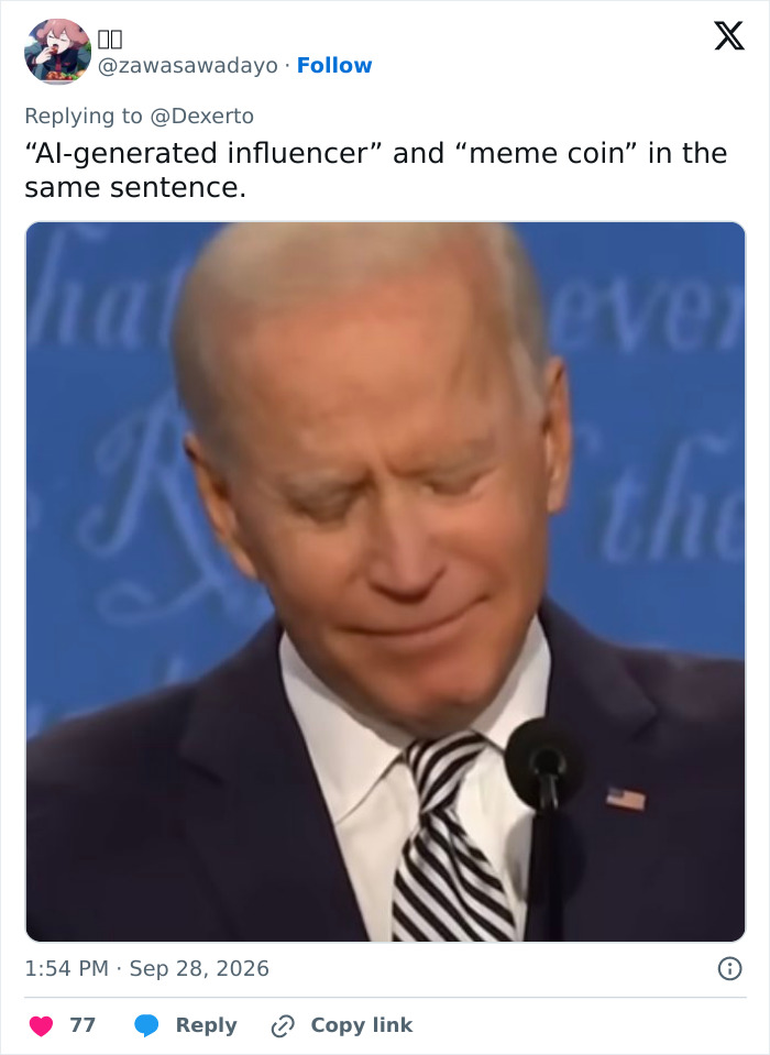 A social media post reaction to the mysterious influencer, referencing meme coins with a Joe Biden meme.