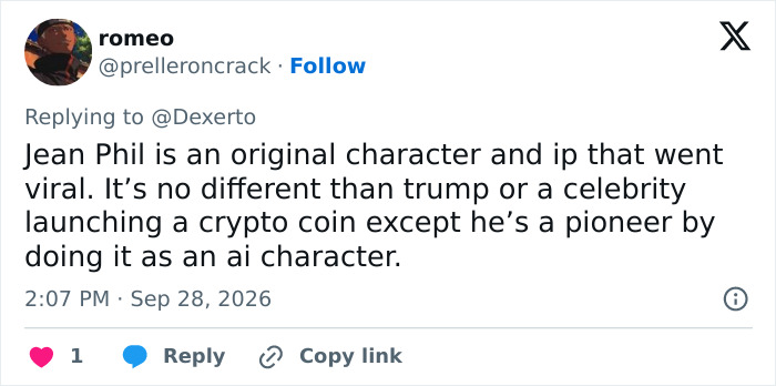 A Tweet by romeo defending the mysterious influencer Jean Phil as an AI pioneer character