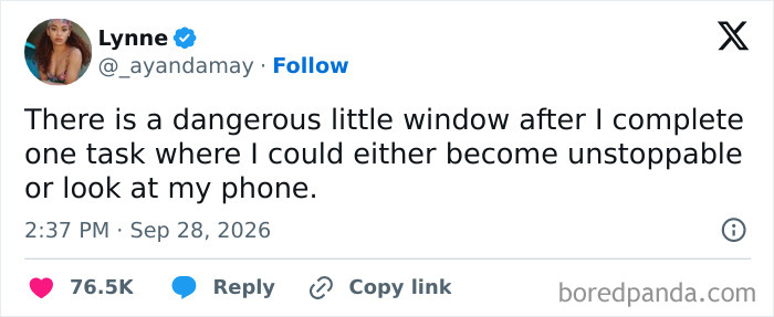 Humorous tweets from X about being distracted by a phone between tasks.
