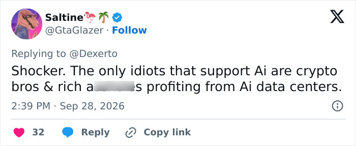 A comment on social media criticizing crypto supporters of AI, related to a mysterious influencer