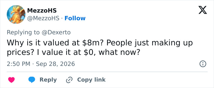 A Tweet by MezzoHS questioning the valuation of the mysterious influencer IP at eight million dollars