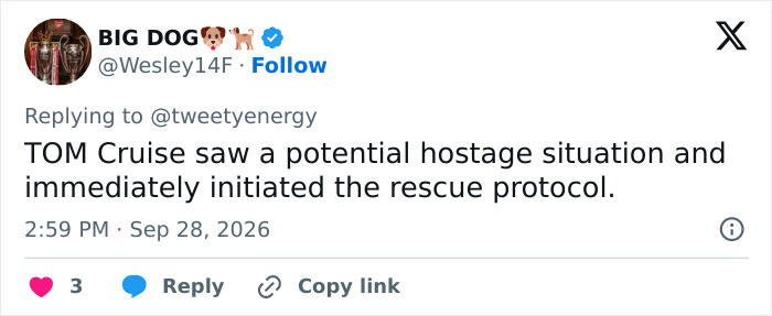 Tweet discussing Tom Cruise initiating rescue protocols in hostage situations. Tweet discussing Tom Cruise initiating rescue protocols in hostage situations.