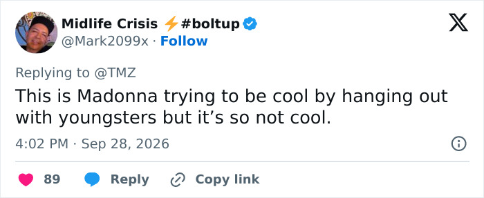 Social media post criticizing Madonna's VMAs performance and her attempts to appear cool. Social media post criticizing Madonna's VMAs performance and her attempts to appear cool.