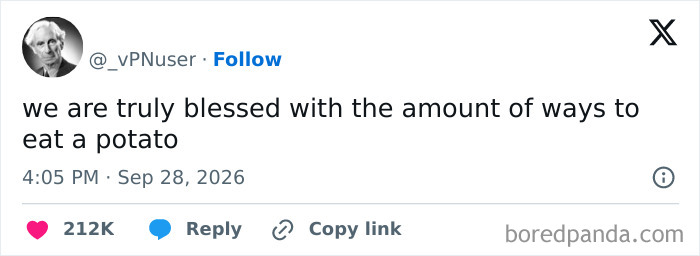 Funny tweets about eating a potato on the X feed