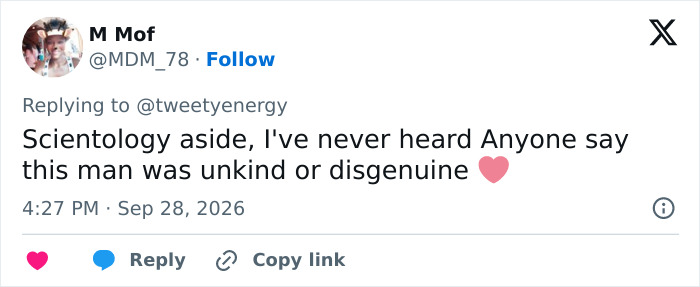 Tweet about Tom Cruise being called genuine despite his connection to Scientology. Tweet about Tom Cruise being called genuine despite his connection to Scientology.
