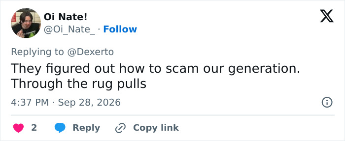 A user tweet discussing scams and rug pulls related to a mysterious influencer and their bizarre videos.