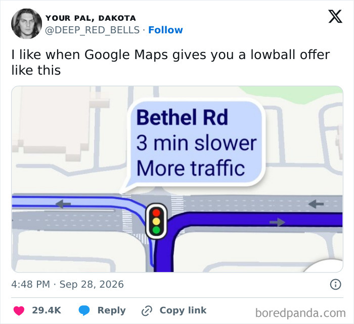 Funny tweets showing a Google Maps screenshot about traffic