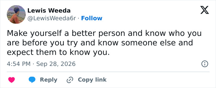 A social media quote about self-improvement before finding a partner, helping to prevent dating mistakes. A social media quote about self-improvement before finding a partner, helping to prevent dating mistakes.