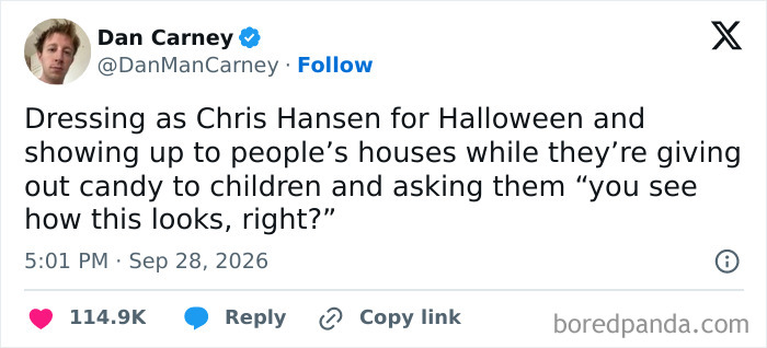 Humorous post about a Halloween costume idea on the X feed
