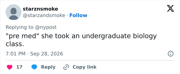 A tweet critiquing the pre med background of the viral blonde from Florida-Ole Miss game.