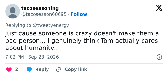 A social media post defending Tom Cruise, suggesting he genuinely cares about humanity despite the rumors. A social media post defending Tom Cruise, suggesting he genuinely cares about humanity despite the rumors.