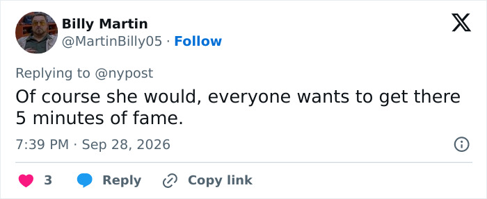 An online comment about seeking fame, referencing the viral blonde from Florida-Ole Miss game.