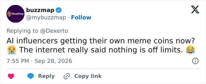A social media post talking about AI influencers getting their own meme coins