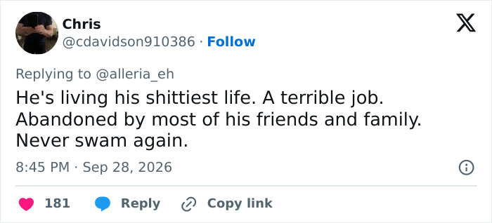 A social media post about what Brock Turner is up to now and how he never swam again. A social media post about what Brock Turner is up to now and how he never swam again.