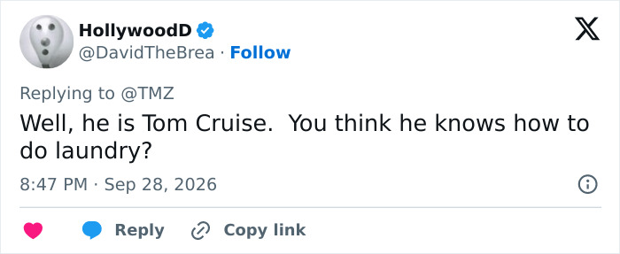 A tweet questioning if Tom Cruise knows how to do his own laundry A tweet questioning if Tom Cruise knows how to do his own laundry