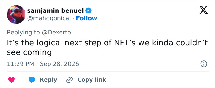 A social media comment calling AI memecoins the next logical step for NFTs