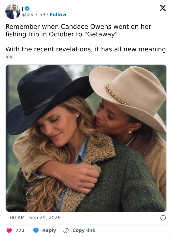 An social media post with an image of two women in cowboy hats, sparking rumors about a conservative figure’s alleged lesbian past.