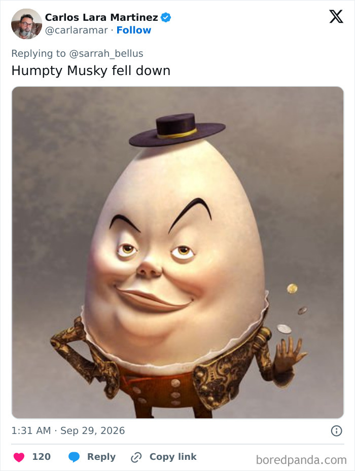 Meme comparing Elon Musk's posture to Humpty Dumpty, following his Spaceport visit and scoliosis rumors.