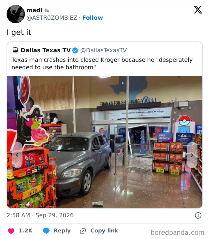 Funny tweets showing a car crashed into a grocery store on the X feed