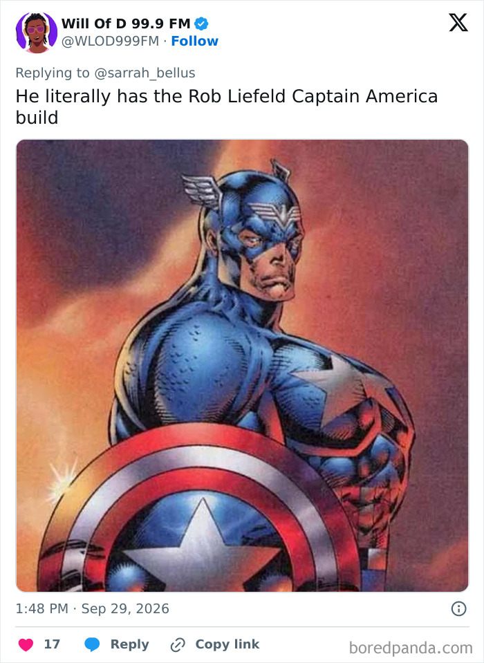 A comic of Captain America with an exaggerated chest, used to joke about Elon Musk's posture.