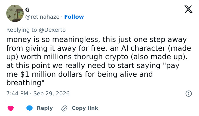 A post expressing skepticism over the value of made up AI characters and crypto coins