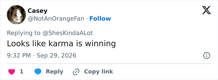 Social media post saying Looks like karma is winning in response to Brock Turner news. Social media post saying Looks like karma is winning in response to Brock Turner news.