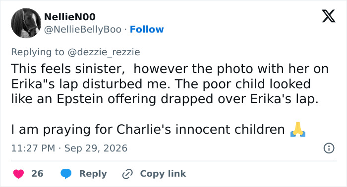 A user comment calling a new Erika Kirk photo sinister, fueling subliminal messaging rumors. A user comment calling a new Erika Kirk photo sinister, fueling subliminal messaging rumors.