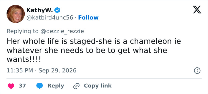 A Twitter reaction criticizing Erika Kirk, linking to theories about subliminal messaging in her photos. A Twitter reaction criticizing Erika Kirk, linking to theories about subliminal messaging in her photos.