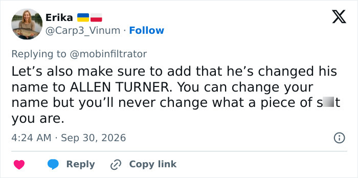 Tweet by Erika discussing Brock Turner changing his name to Allen Turner. Tweet by Erika discussing Brock Turner changing his name to Allen Turner.