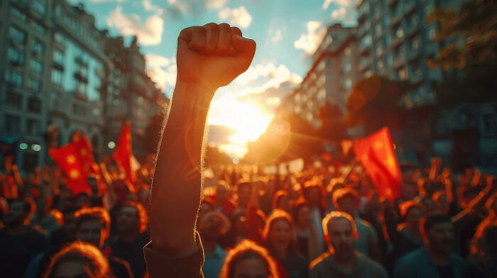 A raised fist amidst a crowd during sunset, symbolizing societal problems and collective action.