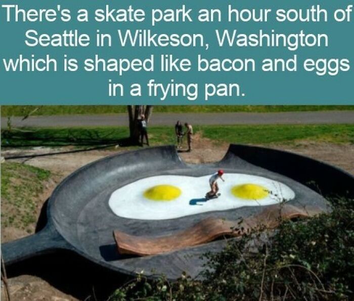 An interesting facts image showing a skate park shaped like bacon and eggs in a frying pan